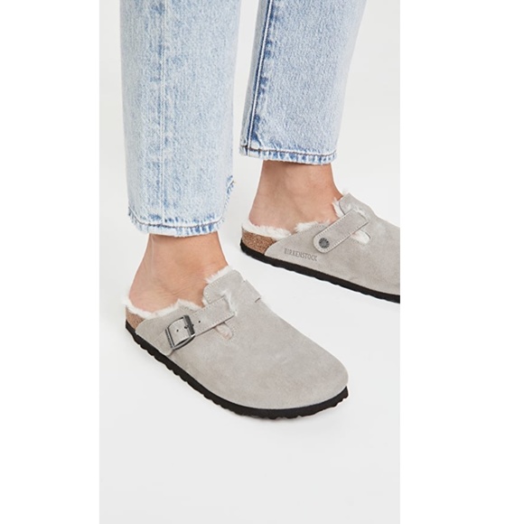 BIRKENSTOCK Boston Genuine Shearling Lined Clog in Stone Coin Suede Size 7-7.5US - Picture 3 of 16